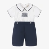 PRETTY ORIGINALS BOYS WHITE & BLUE SMOCKED BUSTER SUIT