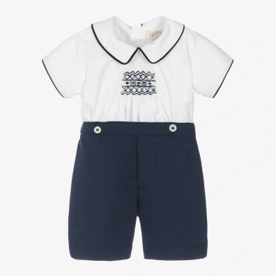 Pretty Originals Babies' Boys White & Blue Smocked Buster Suit