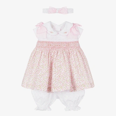 Pretty Originals Babies' Girls White & Pink Cotton Dress Set