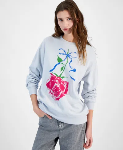Pretty Rebellious Juniors' Rose Bow Graphic Sweatshirt In Blue Opal