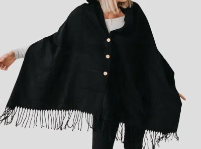 Pretty Simple Classic Button Fringed Scarf / Wrap / Ruana In Solid Black In Multi