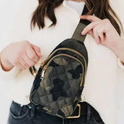 Pretty Simple Pinelope Quilted Puffer Puffy Sling Bag In Green/black Camo In Multi