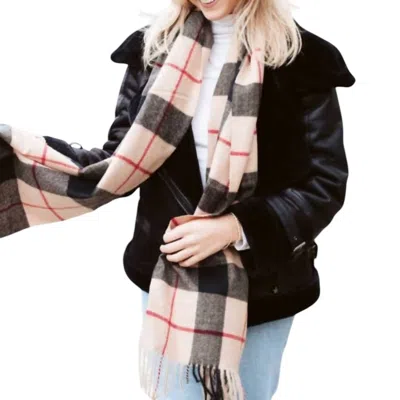 Pretty Simple Plaid Fringe Blanket Scarf In Cashew Tan In Multi