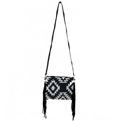 Pretty Simple Wild West Tassel Aztec Fringe Crossbody Bag In Black/cream