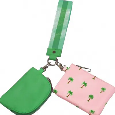 Pretty Simple Women's Dual Nylon Pouch Wristlet In Emerald Green Pink Palm Tree