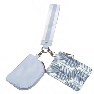 Pretty Simple Women's Dual Nylon Pouch Wristlet In Sea Mist Blue Palm Branch In White
