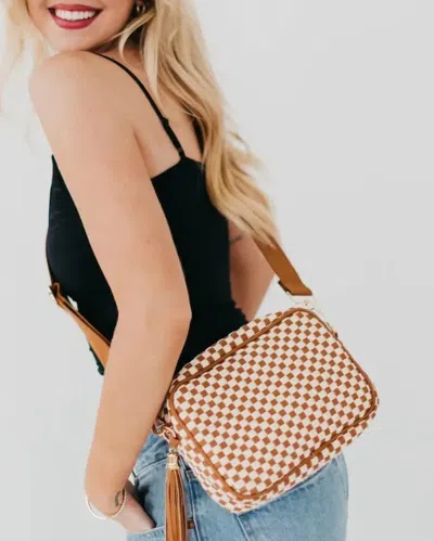Pretty Simple Woven Camera Crossbody Bag In Brown/white Check In Multi