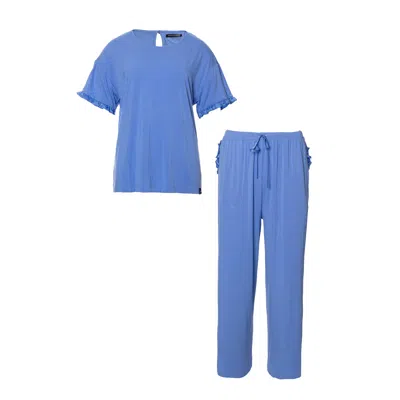 Pretty You Women's Bamboo Frill Tee Trouser Set In Cornflower Blue