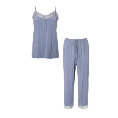 Pretty You Women's Bamboo Lace Cami Cropped Trouser Set In Blue Mist