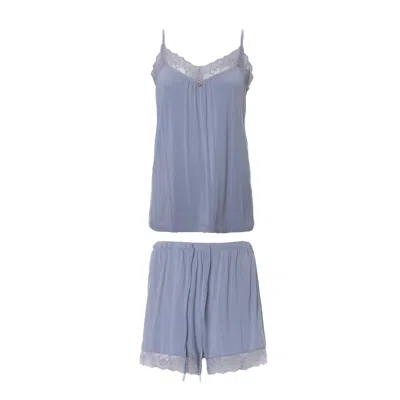 Pretty You Women's Bamboo Lace Cami Short Pyjama Set In Blue Mist