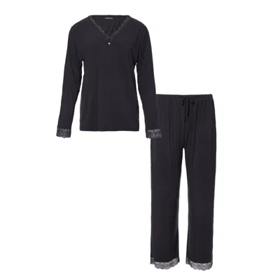 Pretty You Women's Black / Grey Bamboo Lace V-neck Pyjama Set In Raven In Black/grey