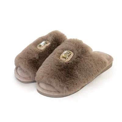 Pretty You Women's Brown Embelished Faux Fur Slider Slipper Fifi In Truffle