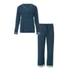 Pretty You Women's Green / Blue Bamboo Lace V-neck Pyjama Set In Teal In Green/blue