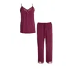 Pretty You Women's Red Bamboo Lace Cami Cropped Trouser Pj Set In Bordeaux In Red