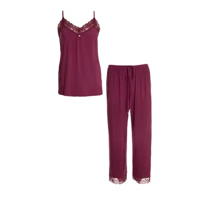 Pretty You Women's Red Bamboo Lace Cami Cropped Trouser Pj Set In Bordeaux