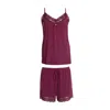 Pretty You Women's Red Bamboo Lace Cami Short Pyjama Set In Bordeaux In Red
