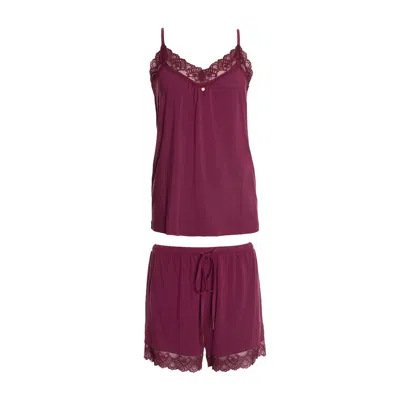 Pretty You Women's Red Bamboo Lace Cami Short Pyjama Set In Bordeaux