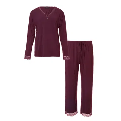 Pretty You Women's Red Bamboo Lace V-neck Pyjama Set In Bordeaux