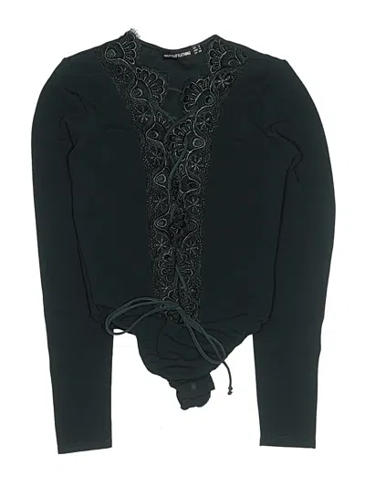 Pre-owned Prettylittlething Long Sleeve Top Black Plunge Neckline Tops