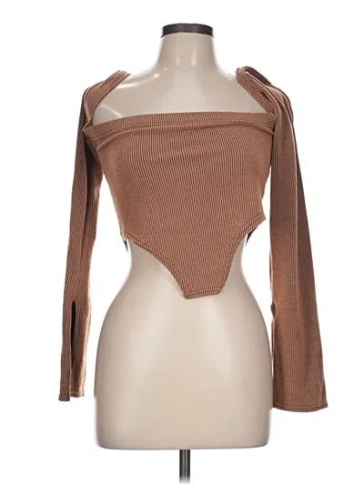 Pre-owned Prettylittlething Long Sleeve Top Brown One Shoulder Neckline Tops