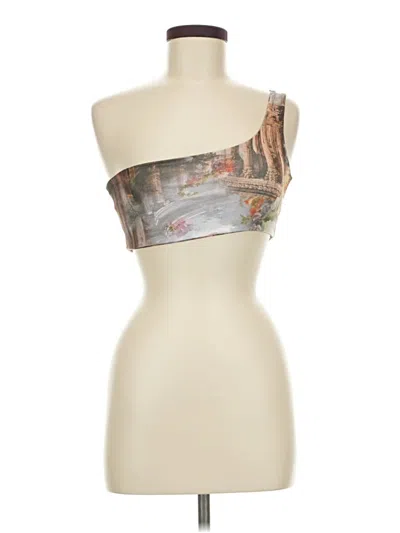 Pre-owned Prettylittlething Sleeveless Top Silver Graphic Pattern Strapless Neckline Tops