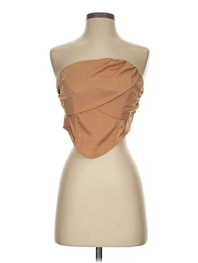 Pre-owned Prettylittlething Sleeveless Top Tan Strapless Neckline Tops In Brown