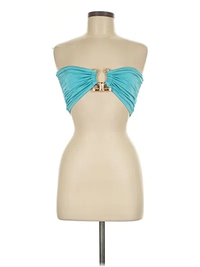 Pre-owned Prettylittlething Sleeveless Top Teal Strapless Neckline Tops In Blue