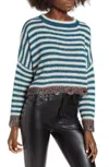 Prima Tinsel Stripe Metallic Crop Holiday Christmas Long Sleeve Sweater In Multicolor In Multi