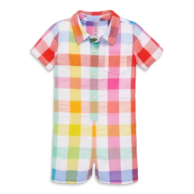 Primary Baby Button Down Shortie In Rainbow Gingham In White Rainbow Check