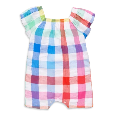 Primary Baby Flutter Sleeve Shortie In Rainbow Gingham In White Rainbow Check