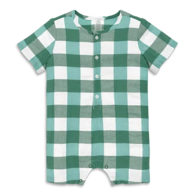 Primary Baby Henley Picnic Shortie In Gingham In Chive Sunwashed Teal Gingham