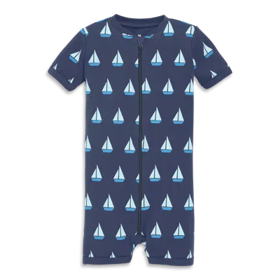 Primary Kids'  Baby Organic Zip Shortie In Set Sail In Sunwashed Navy Sailboats