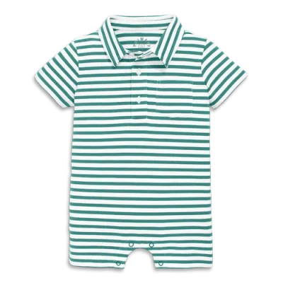 Primary Baby Polo Shortie In Mini Stripe In Sunwashed Teal White Stripe