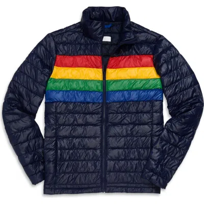 Primary Grown-ups Puffer Jacket In Stripe In Navy Bold Rainbow