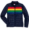 Primary Grown-ups Puffer Jacket In Stripe In Navy Bold Rainbow