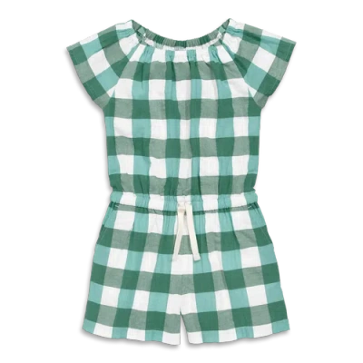 Primary Kids Drawstring Romper In Gingham In Chive Sunwashed Teal Gingham