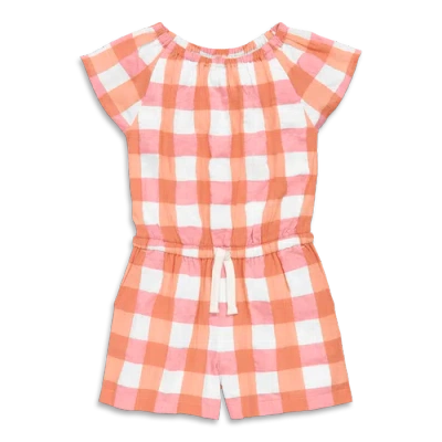 Primary Kids Drawstring Romper In Gingham In Guava Goldfish Gingham