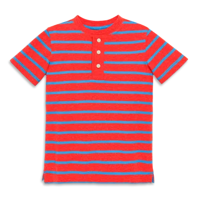 Primary Kids Heathered Henley Tee In Stripe In Poppy Blueberry Stripe