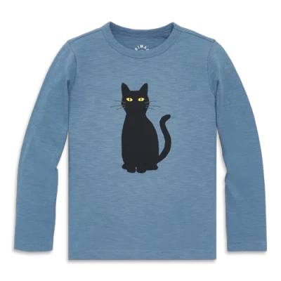 Primary Kids Long Sleeve Black Cat Tee In Blue