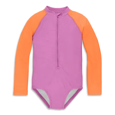 Primary Kids Long Sleeve One-piece Baseball Rash Guard In Lilac Cantaloupe