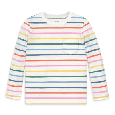 Primary Kids Long Sleeve Pocket Tee In Rainbow Stripe In Brown