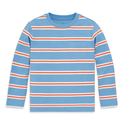 Primary Kids Long Sleeve Pocket Tee In Varsity Stripe In Blue