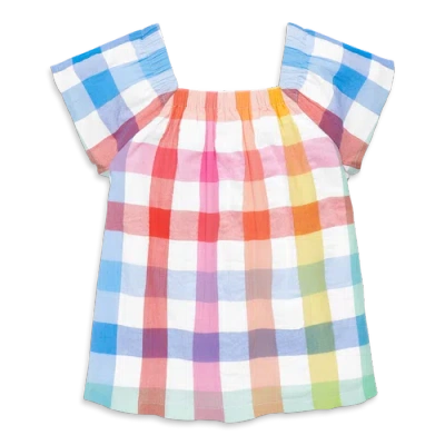 Primary Kids Picnic Top In Rainbow Gingham In White Rainbow Check