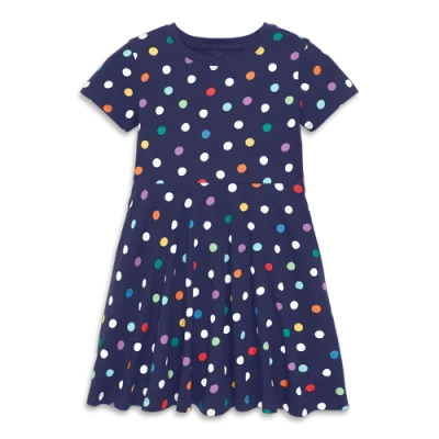 Primary Kids Twirly Dress In Rainbow Confetti Dots In Navy Rainbow Dots