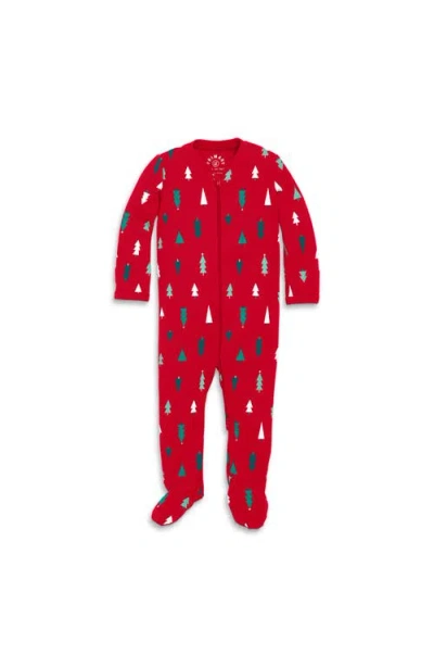 Primary Organic Zip Footie In Festive Prints In Cherry Multi Trees