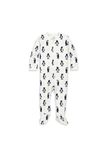 Primary Kids'  Organic Zip Footie In Forest Friends In Ivory Gray Penguins