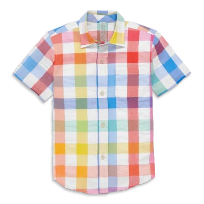 Primary Short Sleeve Button Down In Rainbow Gingham In White Rainbow Check