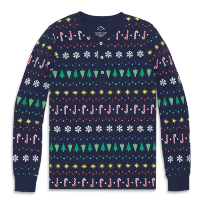 Primary Unisex Fit Organic Long Sleeve Henley Pj Top In Rainbow Fair Isle In Blue