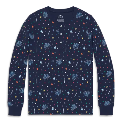 Primary Unisex Fit Organic Long Sleeve Henley Pj Top In Rainbow Fair Isle In Blue