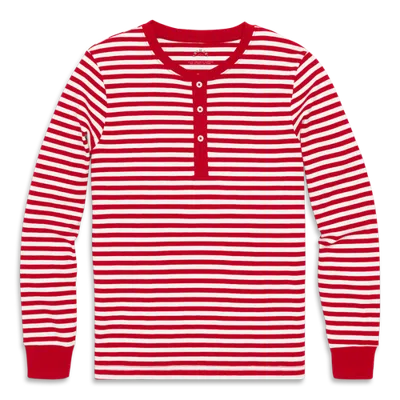 Primary Unisex Fit Organic Long Sleeve Henley Pj Top In Stripe In Red